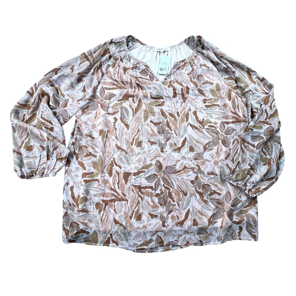 Indigo Soul Cracker Barrel Floral Peasant Blouse Womens 2XL Beige Brown NWT